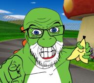 angry banana banana_peel cloud fence glasses grass hand holding_object looking_at_you mario_kart mario_kart_wii mushroom piranha_plant road sky stubble teeth variant:feraljak video_game yoshi // 1545x1364 // 1.1MB
