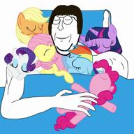 applejack bed blanket blue cuddles fluttershy glasses hair hand hugging john_lennon my_little_pony nose pillow pinkie_pie rainbow_dash rarity_(my_little_pony) sleeping smile subvariant:wholesome_soyjak the_beatles twilight_sparkle variant:gapejak // 720x720, 225.5s // 5.3MB