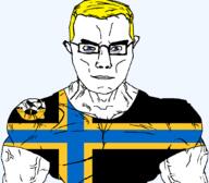 arm aryan blue_eyes british buff caithness closed_mouth clothes ear flag flag:caithness glasses hair scotland soyjak subvariant:chudjak_front subvariant:muscular_chud tshirt united_kingdom variant:chudjak vein yellow_hair // 1059x929 // 55.0KB
