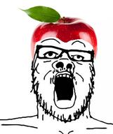 apple clothes food foodjak fruit glasses hat leaf mustache open_mouth soyjak stubble variant:a24_slowburn_soyjak // 335x400 // 88.5KB