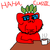arm beet broot coffee drawing ear eyebrow glases haha_classic hand leaf mug oekaki red_skin red_text smile smirk smug stubble table text tinted_glasses variant:impish_soyak_ears white_background // 500x500 // 11.0KB