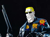 T800 TND-BOT android arnold_schwarzenegger aryan award bike black_background george_droyd glasses manly manlybadasshero movie real_life robot shading shotgun subvariant:perceptive_chud sunglasses terminator terminator_2 total_nigger_death yakub // 1600x1200 // 1.3MB
