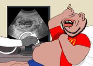 amerimutt baby belly blue_shorts doctor fat glove hamburger hand lifting_shirt monitor panic pillow red_shirt shading ultrasound variant:gapejak variant:impish_soyak_ears xray // 1024x725 // 205.6KB