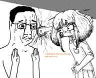 bowtie closed_mouth collared_shirt domestic_abuse eyelashes fight fist frown glasses hair hand hands_up mymy_(ongezellig) nose ongezellig orange_text orangetext pocket punch scared shadow sketch skirt soyjak stripes sweating text variant:chudjak // 761x624 // 25.6KB