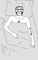 arm bed blanket facial_hair full_body glasses hair pillow punisher_face subvariant:science_lover variant:markiplier_soyjak // 709x1112 // 34.5KB