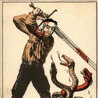 angry armband belt blood brown_shirt chud closed_mouth clothes collared_shirt glasses headband holding_object holding_sword long_sleeves nazism necktie propaganda propaganda_poster snake swastika sword variant:chudjak world_war_2 // 1024x1024 // 532.6KB