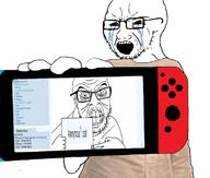 2soyjaks angry anonymous bloodshot_eyes clothes coal crying finger glasses hand holding_object mustache nintendo nintendo_switch open_mouth paper pointing screenshot soybooru soyjak stubble text variant:feraljak variant:soyak video_game wrinkles // 757x644 // 243.3KB