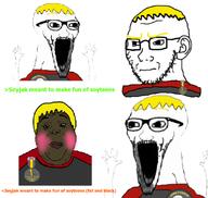 4soyjaks black_skin blond glasses greentext hand hands_up hunky_twink_sex_machine medal meta:the_state_of_nusharty nate open_mouth orangetext soyjak_party soyteen stonetoss stubble subvariant:wewjak variant:alicia variant:soyak white_background white_skin // 900x851 // 258.3KB