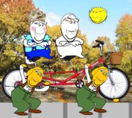 5soyjaks arm bicycle blue_eyes blush clothes dog drawn ear female forest full_body glasses hair hand holding_object irl_background janny leg outdoors smile soyjak stubble subvariant:wholesome_soyjak sun sunglasses suspenders tag variant:gapejak yellow_hair yellow_skin // 2223x2000 // 1.6MB