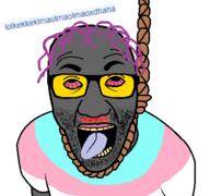 arm bloodshot_eyes clothes flag glasses grey_skin hanging lolkek looking_up open_mouth purple_hair rope soot_colors soybooru soyjak stubble suicide text tongue tranny tshirt variant:el_perro_rabioso yellow_teeth // 427x400 // 30.2KB
