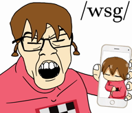 4chan animated anime arm braids brown_hair closed_eyes clothes female glasses green_screen hair hand holding_object holding_phone iphone madotsuki music open_mouth phone sound soyjak subvariant:female_feraljak teeth text variant:feraljak video white_skin wsg_(4chan) yume_nikki // 2148x1848, 97.8s // 13.2MB
