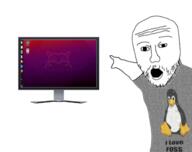 GNULinux arm clothes computer foss g_(4chan) glasses hand mustache open_mouth operating_system pointing screen soyjak stubble technology tshirt ubuntu variant:two_pointing_soyjaks // 570x450 // 167.5KB