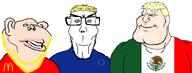 3soyjaks aryan_trio blue_eyes buff closed_mouth clothes ear european_union glasses hair looking_to_the_left looking_to_the_right mcdonalds mexico muscles open_mouth series:aryan_soyjaks smug soyjak stretched_mouth stubble subvariant:euroaryan subvariant:euromutt subvariant:impish_ameriaryan subvariant:impish_amerimutt subvariant:mexiaryan teeth variant:impish_soyak_ears variant:markiplier_soyjak variant:meximutt white_skin yellow_hair // 2162x824 // 103.0KB