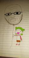 4chan anime balloon clothes drawing glasses green_hair hair oekaki open_mouth shoe shorts soyjak stubble subvariant:soyak_front variant:soyak yotsoyba // 680x1361 // 830.9KB