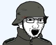 clothes combat_helmet epaulettes glasses helmet looking_to_the_right military military_combat_uniform military_uniform nazi_germany nazism open_mouth popped_collar soyjak stahlhelm stubble transparent_background variant:soyak wehrmacht wehrmacht_uniform world_war_2 // 512x413 // 71.6KB