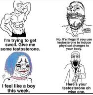 2soyjaks angry arm balding buff clothes doctor dr_soyowad dr_sprokeberg glasses hair hand holding_object meds mustache open_mouth steroids stubble text tranny variant:gapejak variant:markiplier_soyjak wojak // 640x653 // 61.8KB