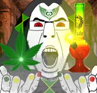 glasses hood irl_background jamaica looking_at_you marijuana open_mouth painted_nails rasta red_eyes smoke soyjak stubble subvariant:cobson_front tattoo variant:cobson weed // 981x937 // 767.9KB