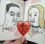 2soyjaks angry closed_mouth eyelashes glasses hair heart internet_is_leaking irl long_hair millions_must_die soyjak text trad_wife variant:chudjak yellow_hair // 2048x2020 // 3.8MB