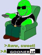 arm chair closed_mouth family_guy fat full_body glasses gooner greentext hair hand holding_object peter_griffin remote smile smug soyjak stubble subvariant:soyak_(smug) text trend:glowie variant:soyak vnc // 599x782 // 201.2KB