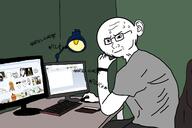 arm closed_mouth clothes computer concerned ear frown glasses hand lamp soyjak stubble table text tshirt variant:soyak // 4368x2912 // 1.8MB