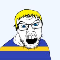 blue_eyes clothes country flag flag:silesia glasses hair mustache open_mouth poland silesia soyjak stubble teeth transparent transparent_background variant:feraljak voivodeship yellow_hair // 1500x1500 // 44.7KB