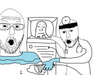 2soyjaks arm clothes doctor glasses hand hat holding_object mustache open_mouth pointing shroomjak soyjak stubble variant:two_pointing_soyjaks // 540x437 // 96.1KB