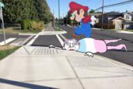 american_history_x bush curb_stomp full_body glasses hpuse irl_background mario mustache purple_hair sign soyjak street tranny utility_pole variant:bernd video_game // 722x481 // 502.9KB