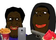 2soyjaks angry are_you_soying_what_im_soying black_skin chicken glasses google gun hair kfc looking_at_each_other phone pistol samsung sheeeit smug soyblack soyjak stubble subvariant:wholesome_soyjak variant:gapejak variant:markiplier_soyjak watermelon // 2100x1500 // 1.1MB