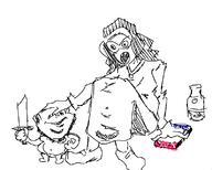 2soyjaks bottle clothes fat full_body glasses hair holding_object necklace nintendo nintendo_switch oekaki open_mouth pat redraw soy soyjak soylent stubble sword variant:impish_soyak_ears variant:soytan video_game // 796x637 // 25.5KB