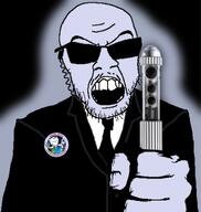 angry clothes earpiece earth glasses glowie glowing hand holding_object logo looking_at_you men_in_black mustache necktie neuralizer nothing_is_beyond_our_reach open_mouth soyjak_party sproke stubble suit sunglasses variant:bernd variant:feraljak variant:impish_soyak_ears // 1080x1142 // 259.5KB