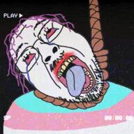 Subvariant:Troonella ack animated crying flag flag:transgender_pride_flag glasses hair hanging moshed mustache open_mouth play purple_hair red_eyes rope soyjak stubble suicide text tongue tranny variant:bernd vhs yellow_teeth // 600x600 // 2.6MB