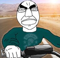 arm biker closed_mouth clothes dean desert glasses hand irl_background motorcycle soyjak subvariant:dean variant:chudjak vehicle // 959x928 // 415.5KB