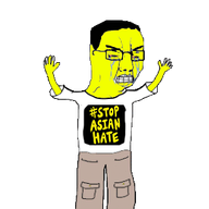 animated arm asian bloodshot_eyes clothes crying full_body glasses hair hand hands_up leg soyjak stopasianhate tshirt variant:chudjak yellow_skin // 289x445 // 152.9KB