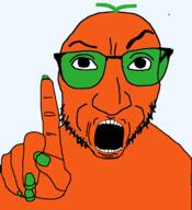 bald beard big_nose eyebrows finger froot glasses leaf open_mouth orange_skin pointing soyjak teeth variant:actuallyjak // 2500x2736 // 371.1KB