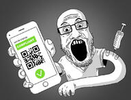 arm bandage clothes glasses hand holding_object holding_phone iphone open_mouth phone qr_code redraw soyjak stubble subvariant:phoneplier subvariant:phoneplier_vertical syringe tape tshirt variant:markiplier_soyjak // 860x652 // 86.8KB