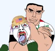 2soyjaks ack arab arabic_text country countrywar flag flag:iraq flag:united_states glasses headlock helmet iraq iraqi military military_uniform saddam_hussein stubble the_weak_should_fear_the_strong transparent_background united_states variant:bernd war white_skin // 499x461 // 97.9KB
