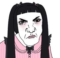 angry bow closed_mouth female frill looking_at_you makeup pigtails pink_shirt punisher_face subvariant:feralkei suspenders teeth upset variant:feraljak // 1010x979 // 165.3KB