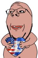 amerimutt black_sclera brown_skin fat flag flag:israel flag:united_states hair heart holding_object israel lips smile soyjak stubble subvariant:wholesome_soyjak united_states variant:gapejak // 1216x1851 // 703.1KB