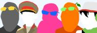 5soyjaks artist:emerald bald clothes colorful doll_(user) ear froot glasses hair hat kuz orange_skin pink_skin quote_(user) soot soot_colors soyjak_party transparent_background variant:feraljak variant:gapejak variant:kuzjak variant:soyak white_skin // 3000x1035 // 323.7KB