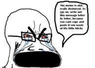 angry bloodshot_eyes crying distorted glasses open_mouth soyjak speech_bubble stubble text thick_eyebrows vacuum variant:cryboy_soyjak // 1499x1083 // 688.7KB