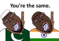 2soyjaks bindi bloodshot_eyes brown_skin cap clothes country crying flag flag:india flag:pakistan glasses hanging hat india indian noose open_mouth pakistan rope soyjak stubble suicide taqiyah teeth text tongue unibrow variant:bernd yellow_teeth you're_the_same // 3352x2328 // 678.6KB