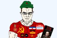adobe adobe_illustrator blue_eyes book brown_hair christian_cross christianity clothes commie communism east_germany eastern_europe glasses hammer_and_sickle hat hello_my_name_is_(sticker) i_look_like_this josip_broz_tito meta:namefags meta:self_insert mouth muscles muscular_male namefags national_bolshevism procreate red_shirt silberfisch_(namefag) smirk subvariant:chudjak_front subvariant:muscular_chud tito variant:chudjak yugoslavia // 1500x1000 // 363.8KB