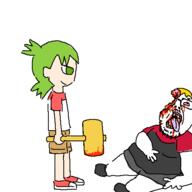 4chan ack anime blood clothes fat female full_body glove gore green_hair hair hammer nate obese soyjak v_tan variant:bernd yellow_hair yotsoyba // 500x500 // 13.5KB