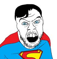 angry blue_eyes cape capeshit clothes hair logo mustache open_mouth soyjak stubble superman variant:feraljak // 1382x1408 // 45.8KB