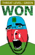 ahegao azerbaijan country crescent emerald flag flag:azerbaijan gem glasses green green_eyes hair looking_up open_mouth schlog_color_event soyjak soyjak_blog star_(symbol) star_and_crescent stubble teeth text threat_level_green variant:cobson won // 721x1115 // 148.7KB