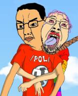 2soyjaks anime arm bloodshot_eyes blue_background clothes cloud flag glasses hair hand hanging lgbt mustache open_mouth pol_(4chan) purple_hair rope sky soyjak stubble suicide tan_skin tongue tranny tshirt variant:bernd variant:chudjak white_skin yellow_teeth // 400x492 // 230.1KB