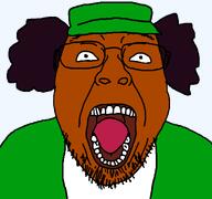 beard black_hat black_skin clothes glasses hat lmw_tan lost_media lost_media_wiki nigger open_mouth shitskin soyjak tongue variant:bernd // 1200x1125 // 36.1KB