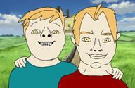 2soyjaks alfonse_elric anime blond child chud_troon_alliance clothes edward_elric friendship fullmetal_alchemist grass hair hand house irl_background outside subvariant:chudjak_front subvariant:cisjak variant:bernd variant:chudjak yellow_eyes // 1668x1082 // 798.0KB
