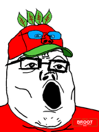 IT2GB broot broot_2026 brootal brootism brootist campaign cap clothes glasses hat leaf logo looking_up open_mouth red_shirt red_skin series:administ_soyjaks variant:impish_soyak_ears variant:tony_soprano_soyjak // 600x800 // 22.8KB