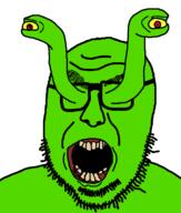 alien angry crooked_teeth eye_stalks glasses green_skin open_mouth rotten_teeth soyjak stubble template variant:volcanojak // 677x799 // 12.3KB